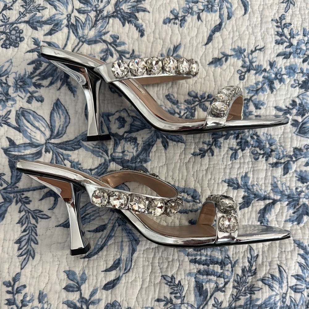 Zara Silver Metallic Jeweled Heels - Picture 5 of 12